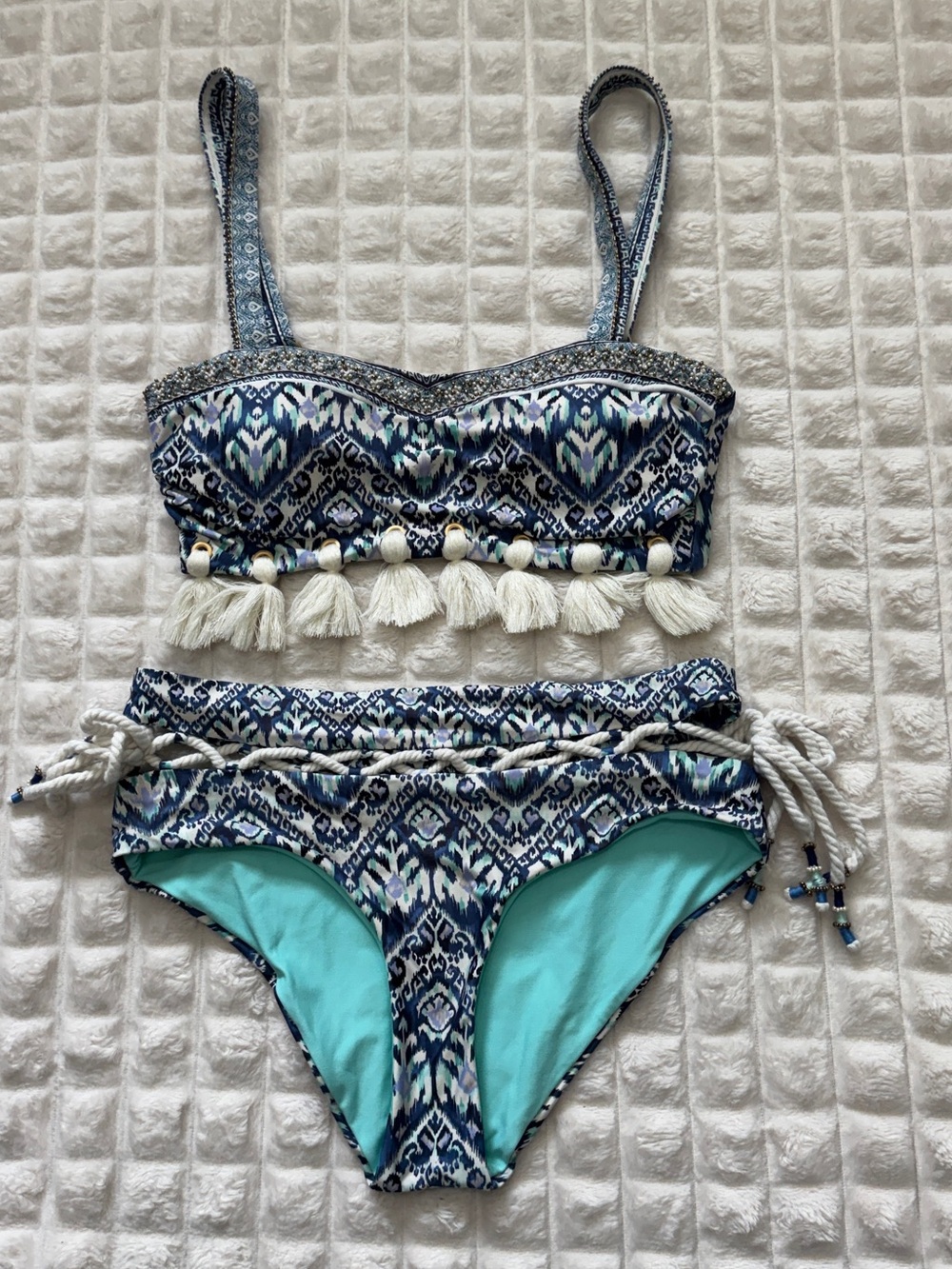 Cosita Linda XS / Small Two Piece Bikini Set ~ Tassels Rope Nautical Boho Blue